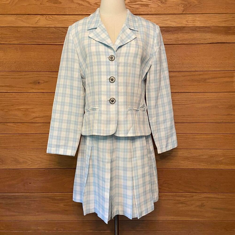 Vintage 80s 90s Moda International blue and white plaid blazer mini skirt set
